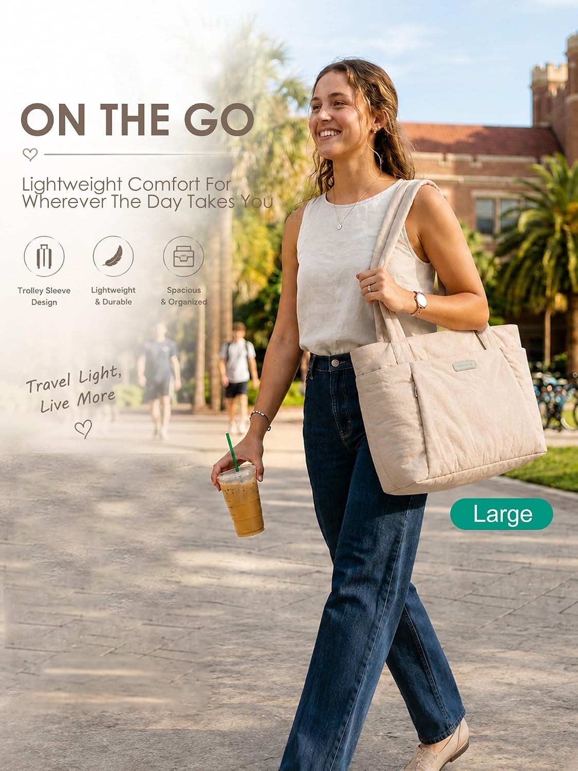 image:imageFIORETTO Puffer Tote Bag for Women Work Tote Bag with Laptop Compartment Zipper amp Pockets for Travel Nursing CollegeKhaki