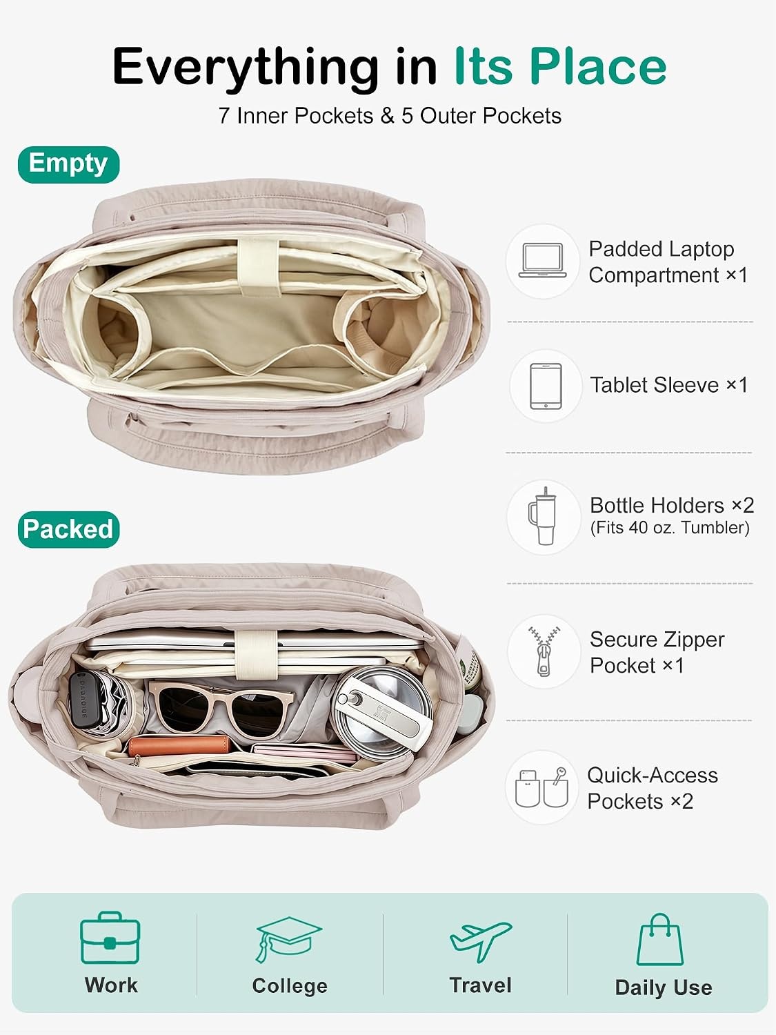 image:imageFIORETTO Puffer Tote Bag for Women Work Tote Bag with Laptop Compartment Zipper amp Pockets for Travel Nursing CollegeKhaki