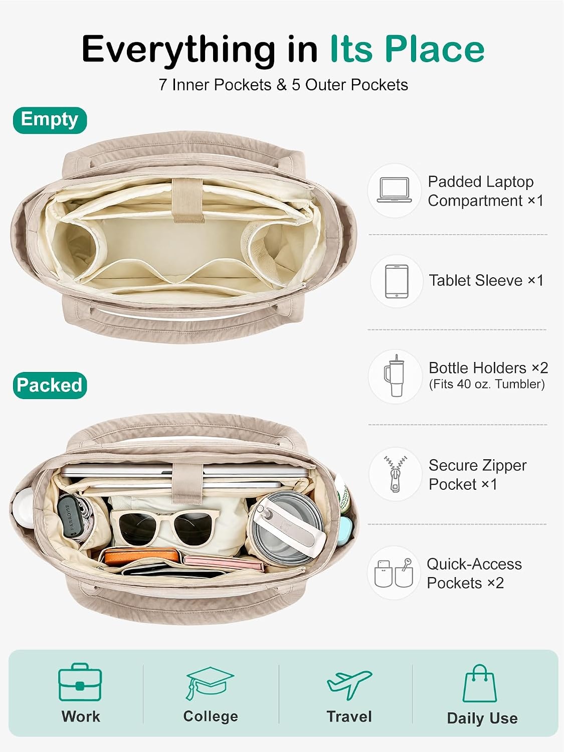 image:imageFIORETTO Puffer Tote Bag for Women Work Tote Bag with Laptop Compartment Zipper amp Pockets for Travel Nursing CollegeKhaki