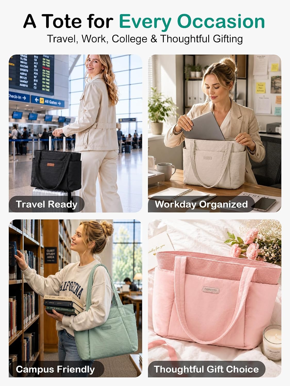 image:imageFIORETTO Puffer Tote Bag for Women Work Tote Bag with Laptop Compartment Zipper amp Pockets for Travel Nursing CollegeKhaki