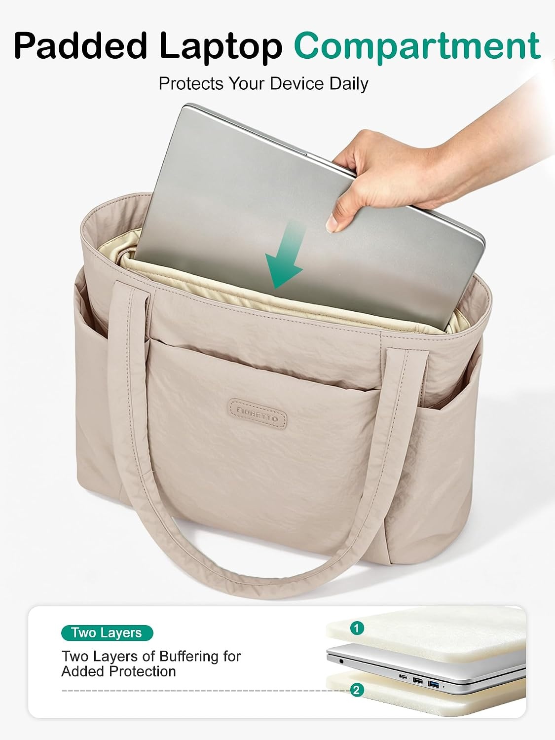 image:imageFIORETTO Puffer Tote Bag for Women Work Tote Bag with Laptop Compartment Zipper amp Pockets for Travel Nursing CollegeKhaki
