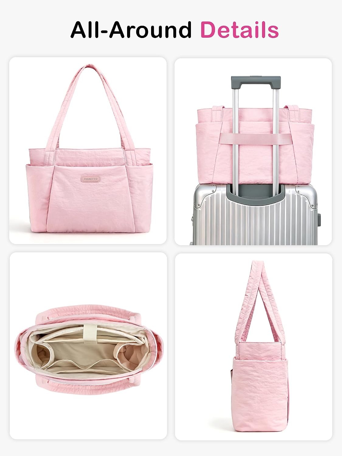 image:imageFIORETTO Puffer Tote Bag for Women Work Tote Bag with Laptop Compartment Zipper amp Pockets for Travel Nursing CollegePink