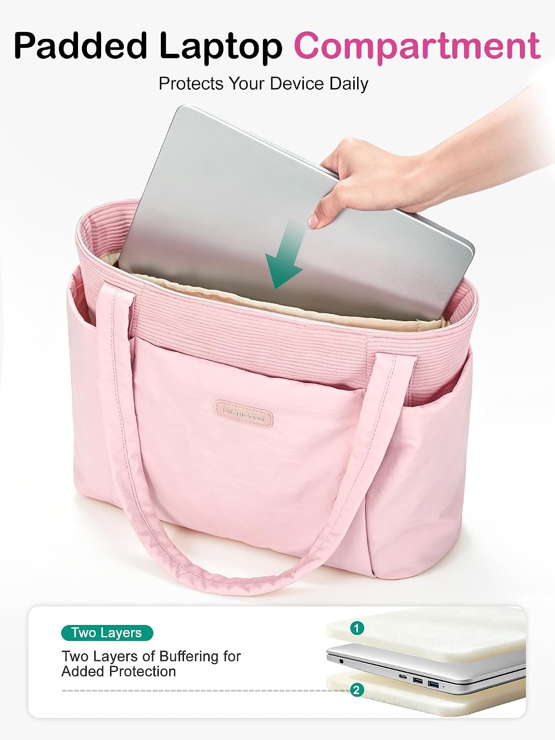 image:imageFIORETTO Puffer Tote Bag for Women Work Tote Bag with Laptop Compartment Zipper amp Pockets for Travel Nursing CollegePink
