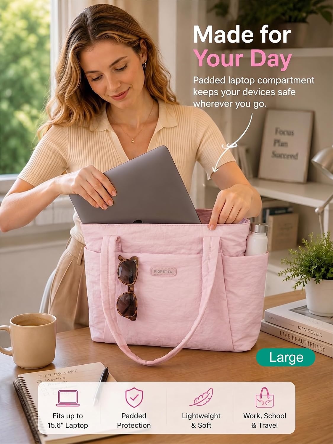 image:imageFIORETTO Puffer Tote Bag for Women Work Tote Bag with Laptop Compartment Zipper amp Pockets for Travel Nursing CollegePink