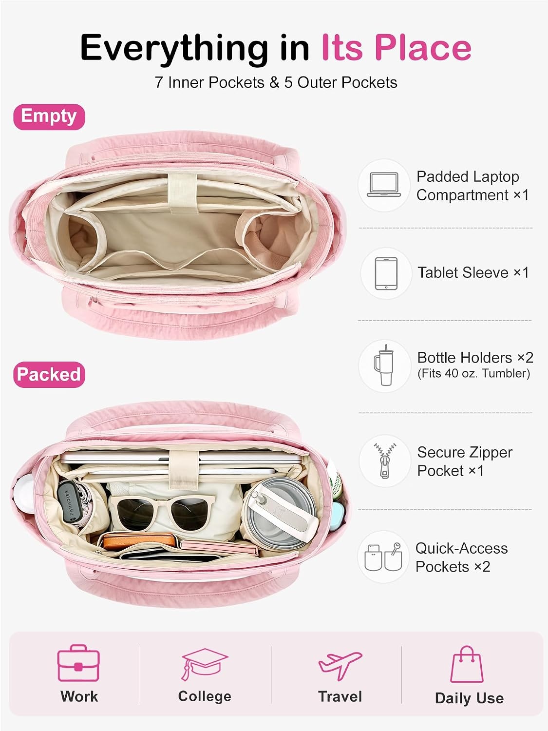 image:imageFIORETTO Puffer Tote Bag for Women Work Tote Bag with Laptop Compartment Zipper amp Pockets for Travel Nursing CollegePink