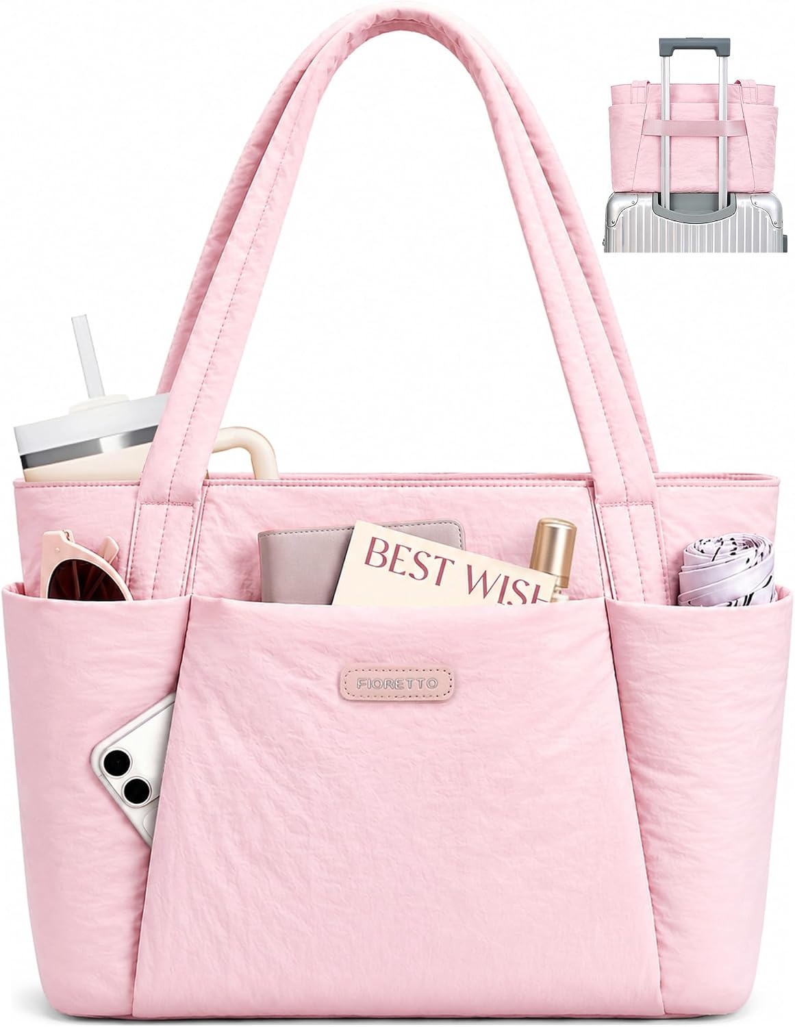 image:imageFIORETTO Puffer Tote Bag for Women Work Tote Bag with Laptop Compartment Zipper amp Pockets for Travel Nursing CollegePink