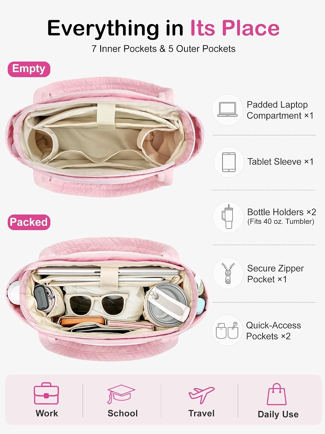 image:imageFIORETTO Puffer Tote Bag for Women Work Tote Bag with Laptop Compartment Zipper amp Pockets for Travel Nursing CollegePink