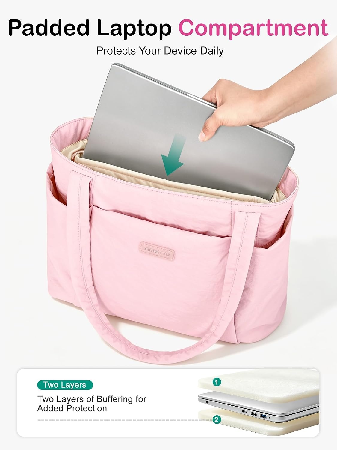 image:imageFIORETTO Puffer Tote Bag for Women Work Tote Bag with Laptop Compartment Zipper amp Pockets for Travel Nursing CollegePink