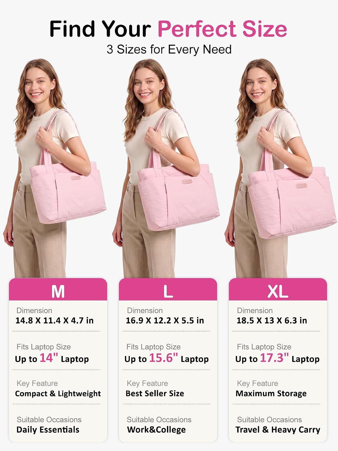 image:imageFIORETTO Puffer Tote Bag for Women Work Tote Bag with Laptop Compartment Zipper amp Pockets for Travel Nursing CollegePink