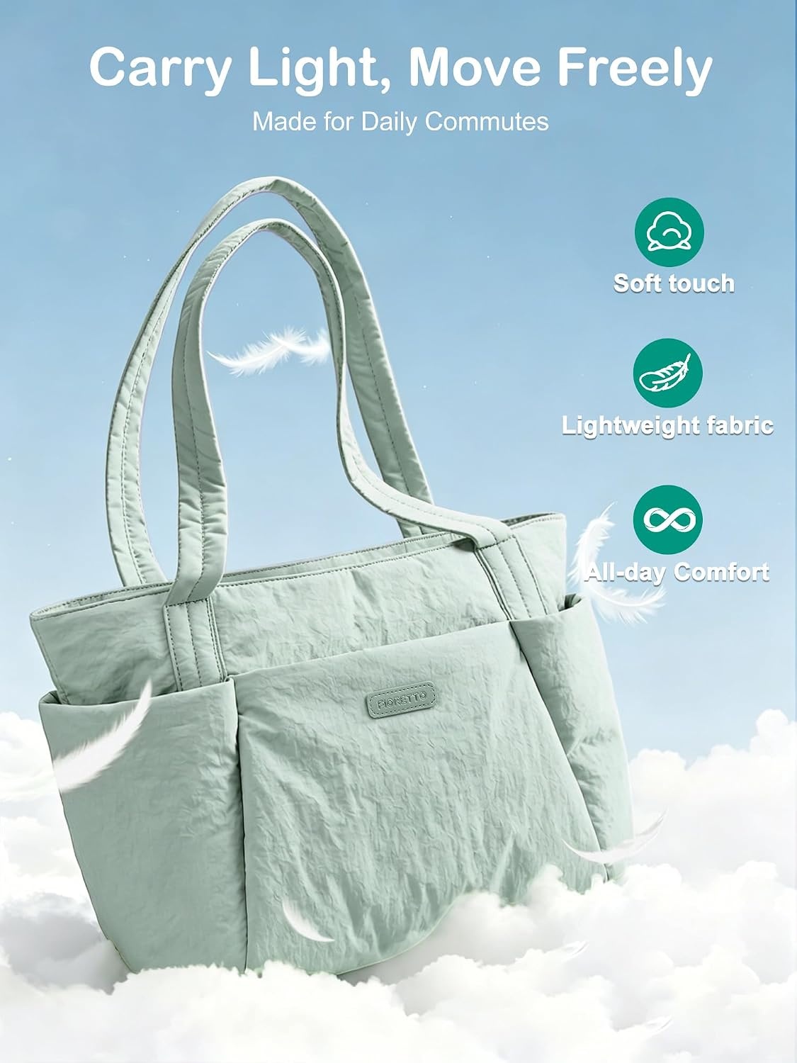 image:imageFIORETTO Puffer Tote Bag for Women Work Tote Bag with Laptop Compartment Zipper amp Pockets for Travel Nursing CollegeSage Green
