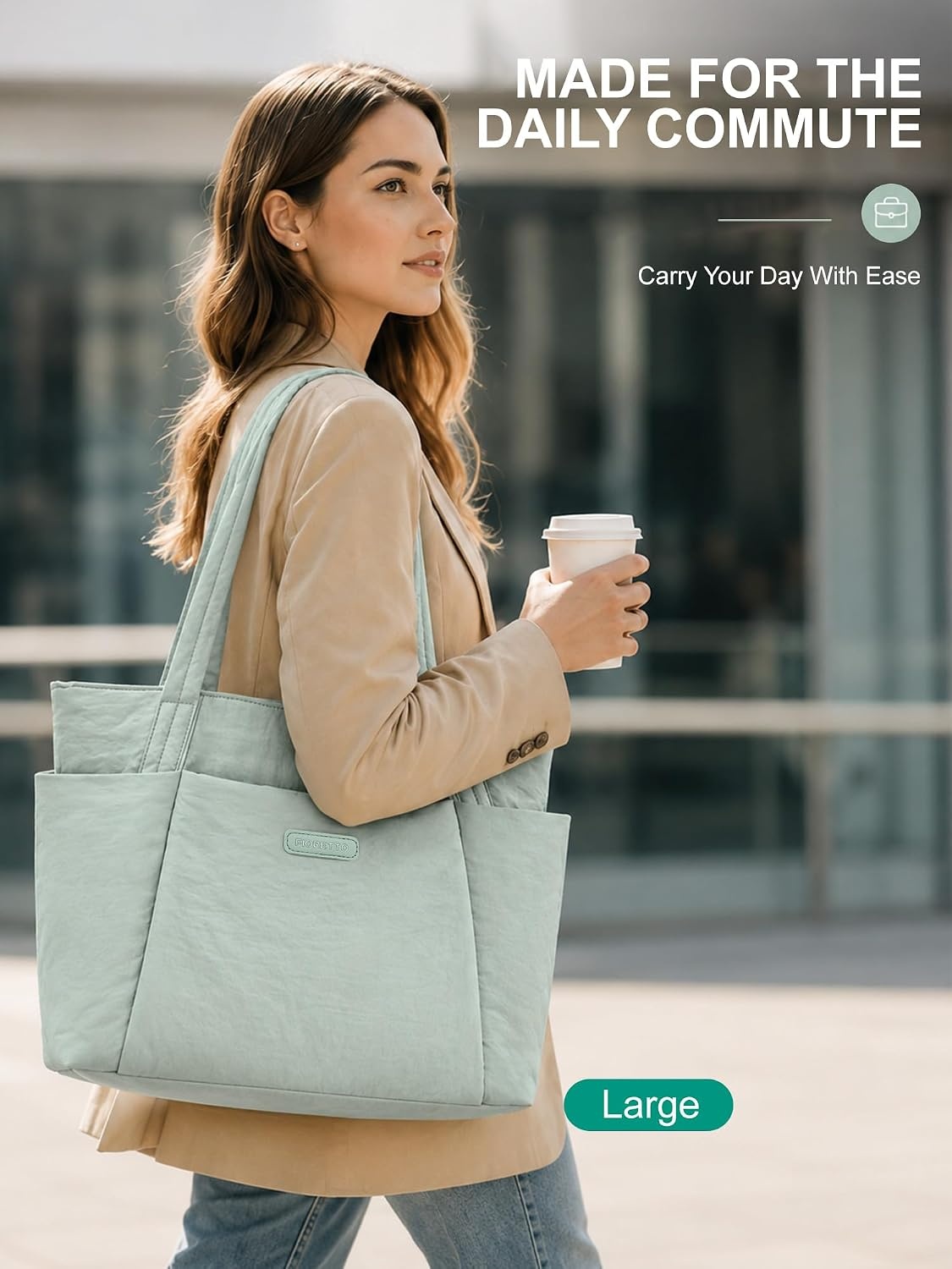 image:imageFIORETTO Puffer Tote Bag for Women Work Tote Bag with Laptop Compartment Zipper amp Pockets for Travel Nursing CollegeSage Green