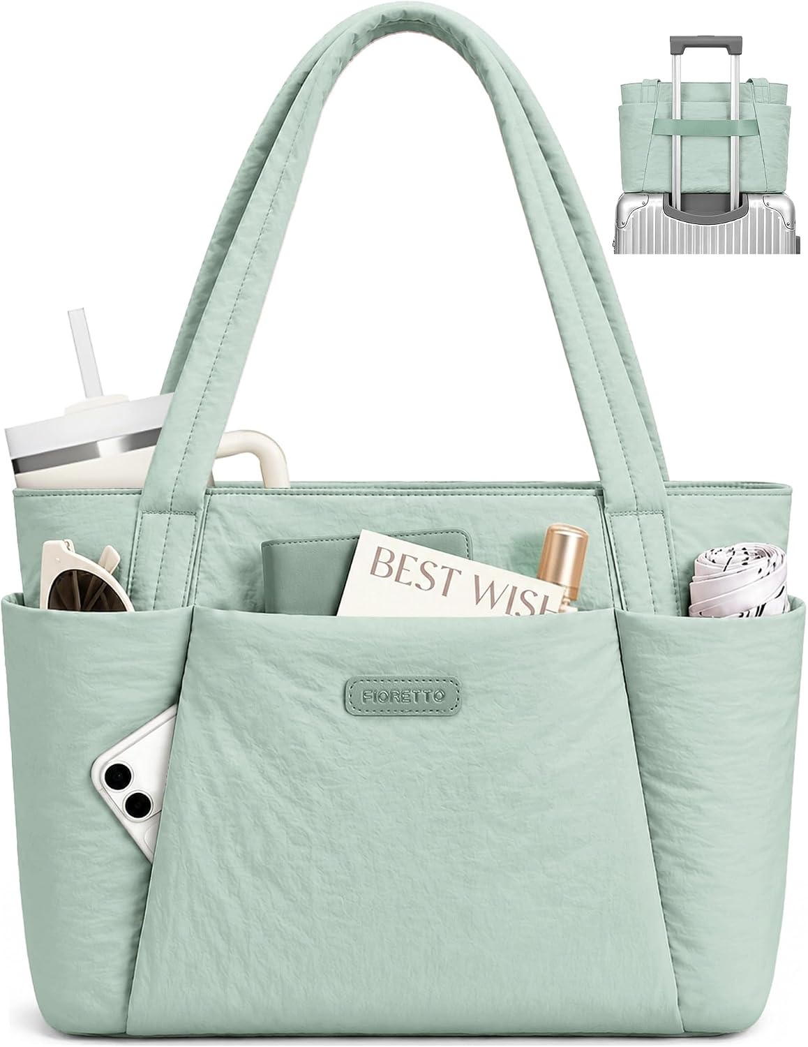 image:imageFIORETTO Puffer Tote Bag for Women Work Tote Bag with Laptop Compartment Zipper amp Pockets for Travel Nursing CollegeSage Green