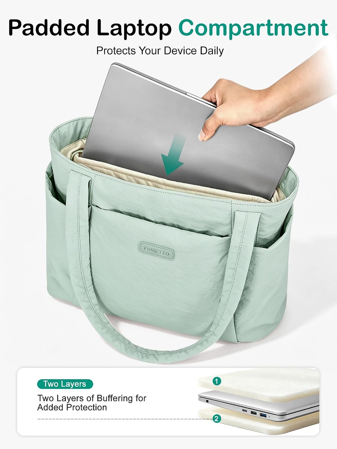 image:imageFIORETTO Puffer Tote Bag for Women Work Tote Bag with Laptop Compartment Zipper amp Pockets for Travel Nursing CollegeSage Green