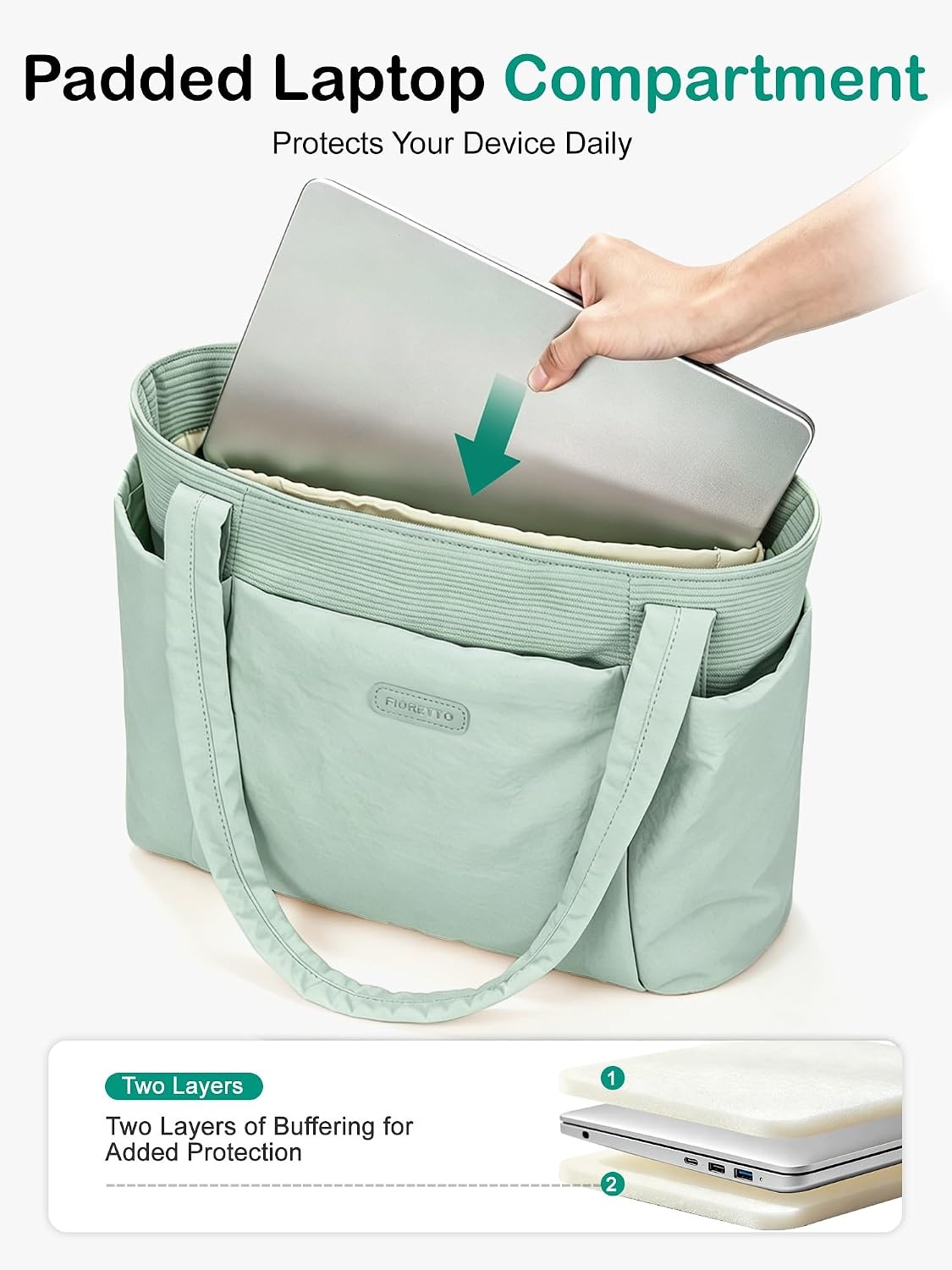 image:imageFIORETTO Puffer Tote Bag for Women Work Tote Bag with Laptop Compartment Zipper amp Pockets for Travel Nursing CollegeSage Green
