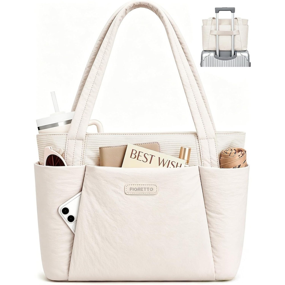image:imageFIORETTO Puffer Tote Bag for Women Work Tote Bag with Laptop Compartment Zipper amp Pockets for Travel Nursing CollegeBeige