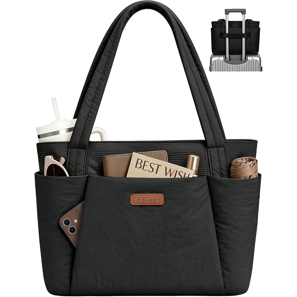image:imageFIORETTO Puffer Tote Bag for Women Work Tote Bag with Laptop Compartment Zipper amp Pockets for Travel Nursing CollegeBlack