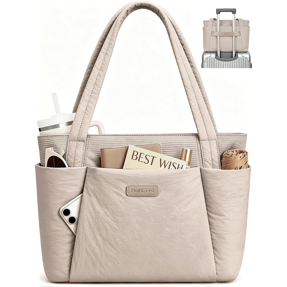 image:imageFIORETTO Puffer Tote Bag for Women Work Tote Bag with Laptop Compartment Zipper amp Pockets for Travel Nursing CollegeKhaki