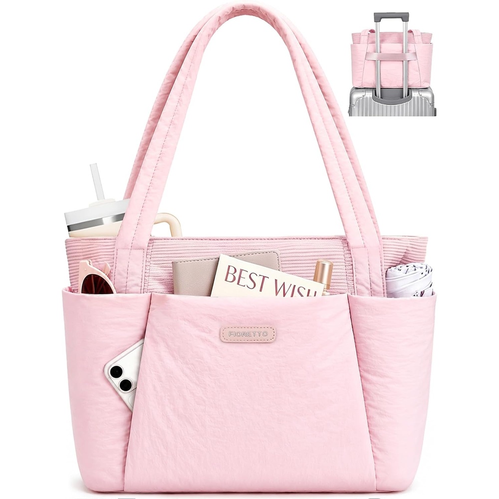 image:imageFIORETTO Puffer Tote Bag for Women Work Tote Bag with Laptop Compartment Zipper amp Pockets for Travel Nursing CollegePink