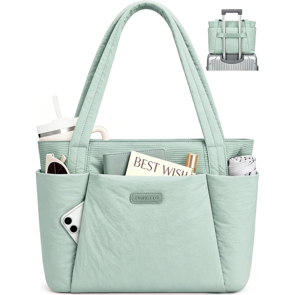 image:imageFIORETTO Puffer Tote Bag for Women Work Tote Bag with Laptop Compartment Zipper amp Pockets for Travel Nursing CollegeSage Green