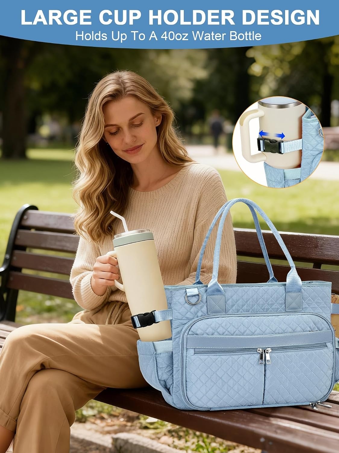 image:imageFIORETTO Teacher Tote Bag for Women with Laptop Compartment Large Cup Holder Zip Closure Ideal for Work Bible NurseBlue