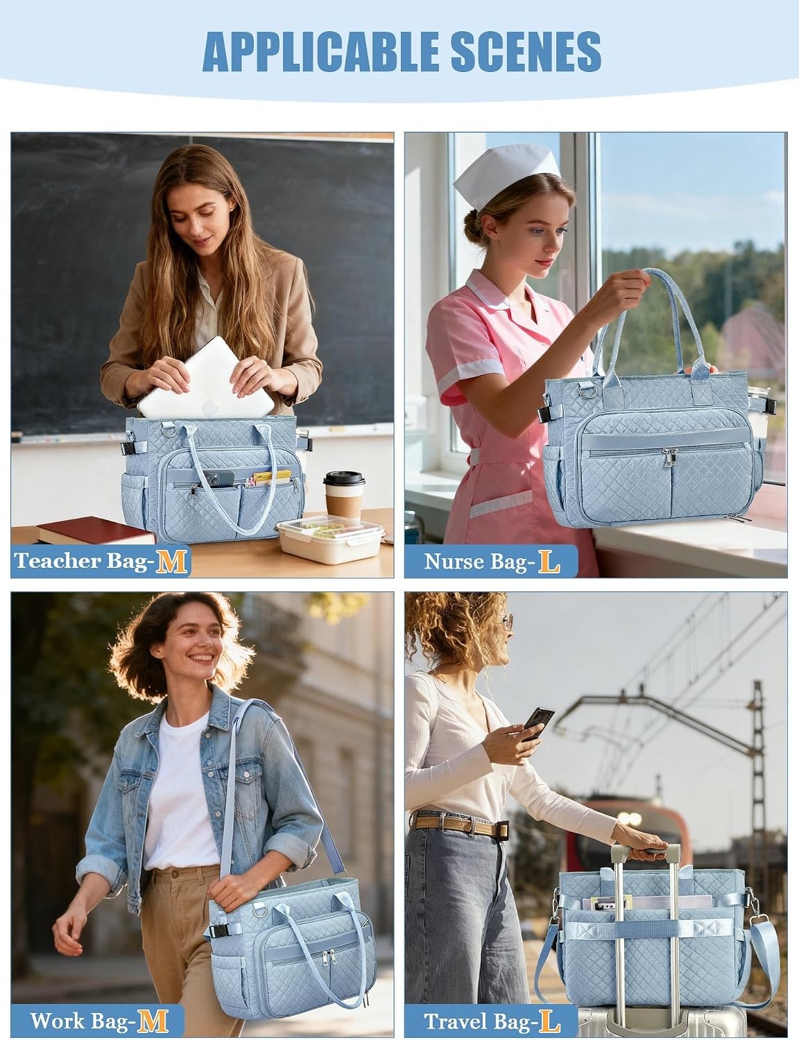 image:imageFIORETTO Teacher Tote Bag for Women with Laptop Compartment Large Cup Holder Zip Closure Ideal for Work Bible NurseBlue