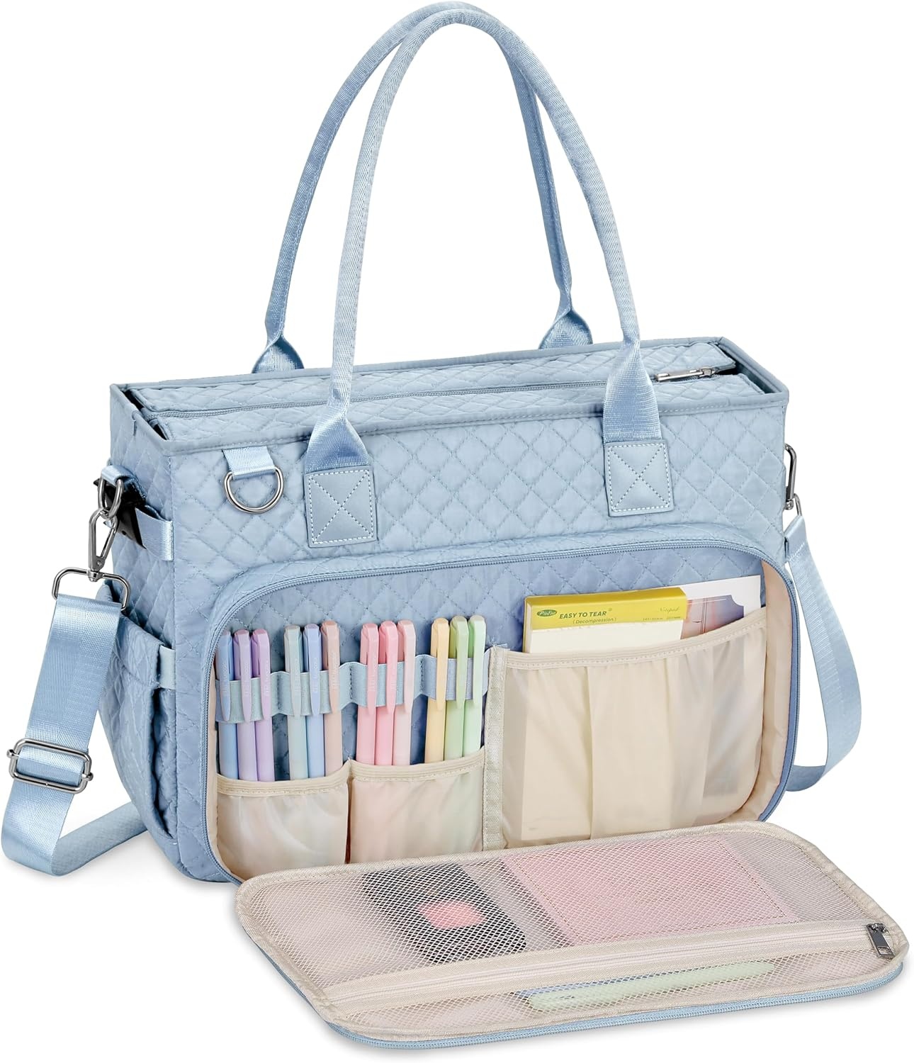image:imageFIORETTO Teacher Tote Bag for Women with Laptop Compartment Large Cup Holder Zip Closure Ideal for Work Bible NurseBlue